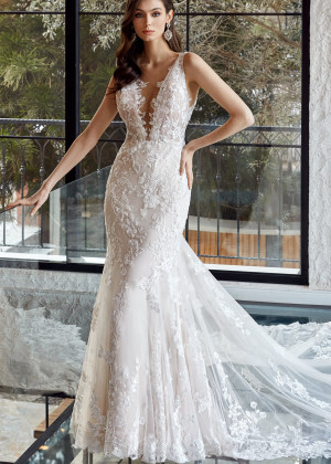 Beaded Ivory Lace Tulle Buttons Back Modern Wedding Dress